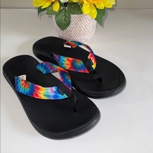 Chaco Black Flip Flops with Rainbow Tie-Dye Straps